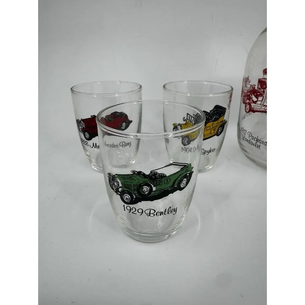 Northwestern Bottle Co Classic Car Carafe and 6 Juice Glass Set Vintage in Box